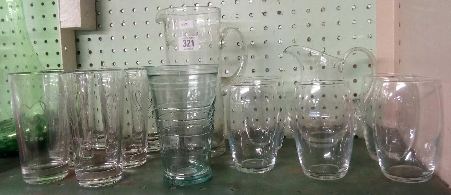SHELF OF VARIOUS GLASSES & JUGS