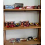 THREE SHELVES OF MATCH BOX MODELS OF YESTER YEAR & OTHERS INCL; FIRE TRUCKS, FIRE ENGINES &