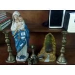 SMALL CARTON OF MIXED RELIGIOUS MEMORABILIA, CANDLES STICKS, BRASS WARE ETC