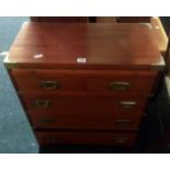 UNUSUAL TRAVELLING CHEST OF THREE LONG & TWO SHORT DRAWERS WITH SLIDE, FOLDING TOP & BRASS FITTINGS