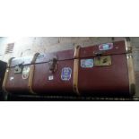 BROWN WOOD BOUND VINTAGE TRAVEL TRUNK WITH MANY SHIPPING & HOTEL LABELS
