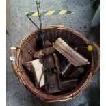 ROUND WICKER LOG BASKET WITH LOGS & FIRESIDE TOOLS