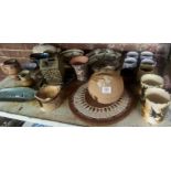 SHELF OF STUDIO POTTERY INCL; MUGS, MONEY BOX & BOWLS