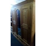 MODERN STRIPPED PINE TRIPPLE WARDROBE WITH MIRROR & DRAWERS UNDER