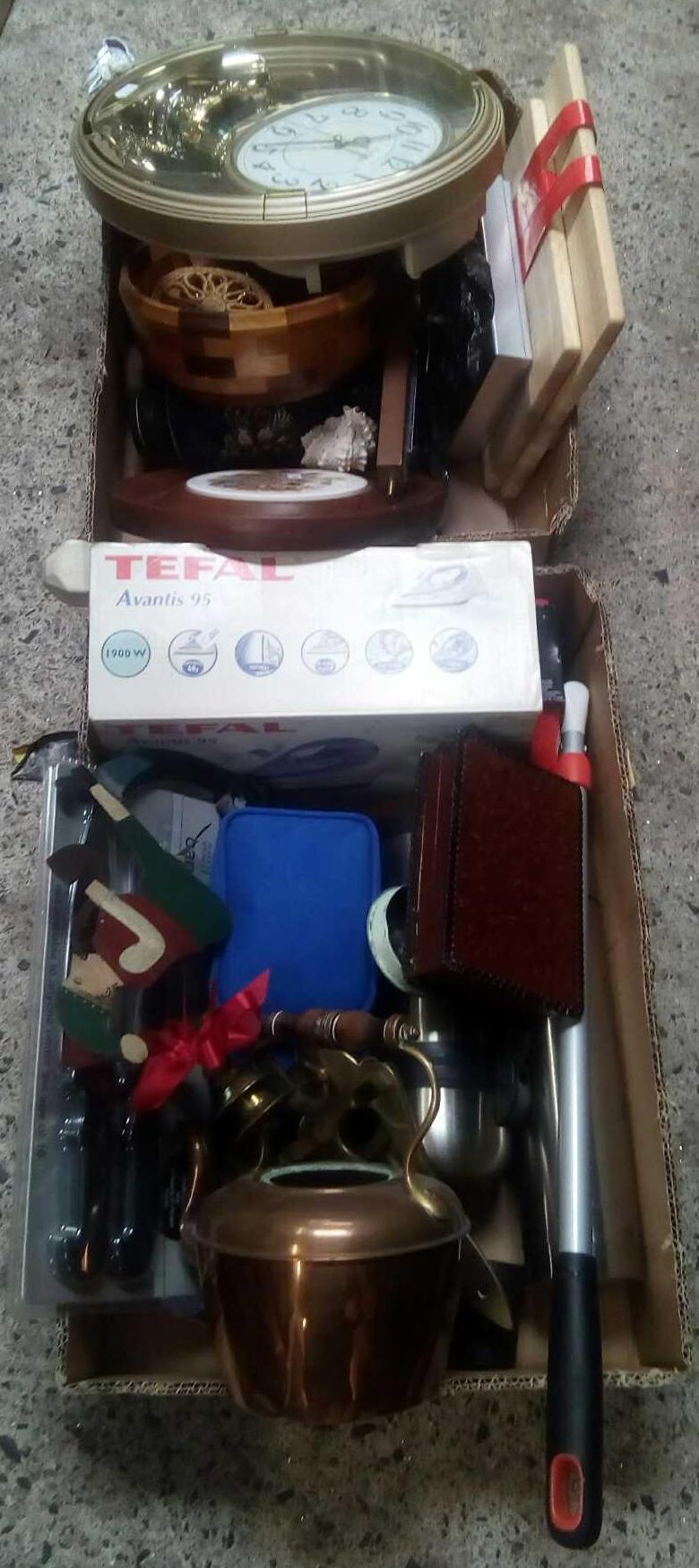 TWO CARTONS CONTAINING A COPPER KETTLE, CHOPPING BOARDS, CLOCKS, TEFAL IRON & THERMOS FLASK