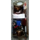 TWO CARTONS CONTAINING A COPPER KETTLE, CHOPPING BOARDS, CLOCKS, TEFAL IRON & THERMOS FLASK