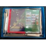 1 BLUE TRAY WITH SETS OF WORLD MINT STAMPS & CHANNEL ISLAND YEAR PACKS & ISLE OF MAN PACKS