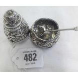 WHITE METAL EMBOSSED SALT WITH SILVER SPOON & EMBOSSED PEPPER POSSIBLY FOREIGN SILVER