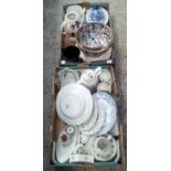 TWO CARTONS OF BLUE & WHITE CHINA, TEA POTS, ROYAL DOULTON TAPESTRY PLATES & SAUCERS & TWO