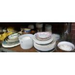 SHELF OF MIXED PLATES,GLASS WARE, VASES ETC