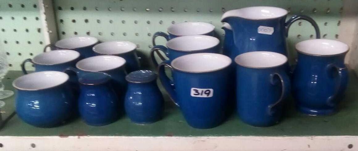 TWO SHELVES OF VARIOUS GREEN & BLUE DENBY MUGS ETC