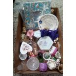 CARTON OF MIXED GLASS WARE,CHINA, SOAP STONE NAPKIN RINGS & OTHER & A MOSAIC MIRROR