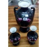 LARGE HAND PAINTED POTTERY VASE & MATCHING PAIR OF SMALL VASES