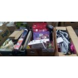 TWO CARTONS OF MIXED CRAFTING ITEMS INCL; HOT WATER BOTTLES, SILK, VELVET SHAWLS, BLACK BRAIDING & A