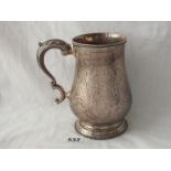 Victorian Exeter silver pint tankard with leaf cap scroll handle - 5.5" high - 1870 by JW&JW