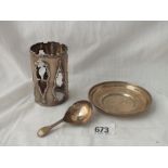 Circular bottle holder with pierced side - B'ham 1906 - a damaged caddy spoon 1794 and a pin