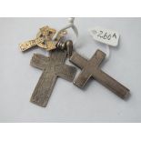 Two engraved metal and one plain metal crosses