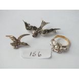 Two silver and paste bird brooches and ring