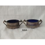 Pair of oval pierces two handles salts with bgl. 3” wide - B'ham 1901