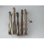 Five pairs of old Sheffield plated sugar tongs