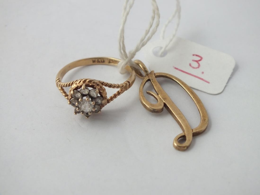 Paste cluster ring - size L - in 9ct and initial D pendant in 9ct - 3.1gms