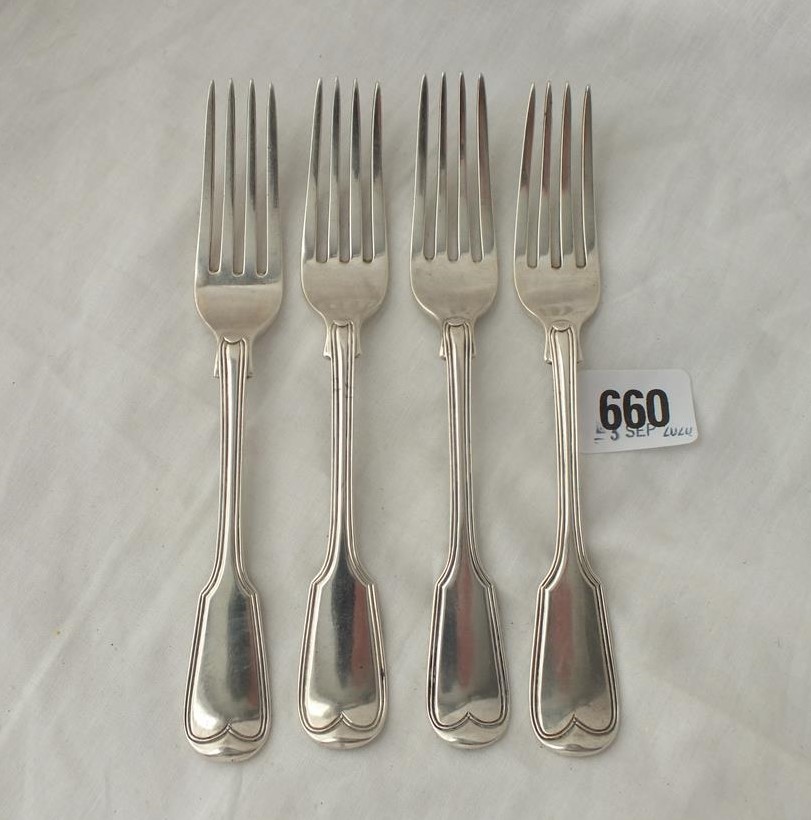 Good set of four fiddle thread dessert forks - crested - 1837 by JSAS? - 238gms