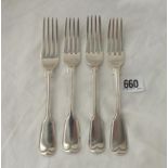 Good set of four fiddle thread dessert forks - crested - 1837 by JSAS? - 238gms