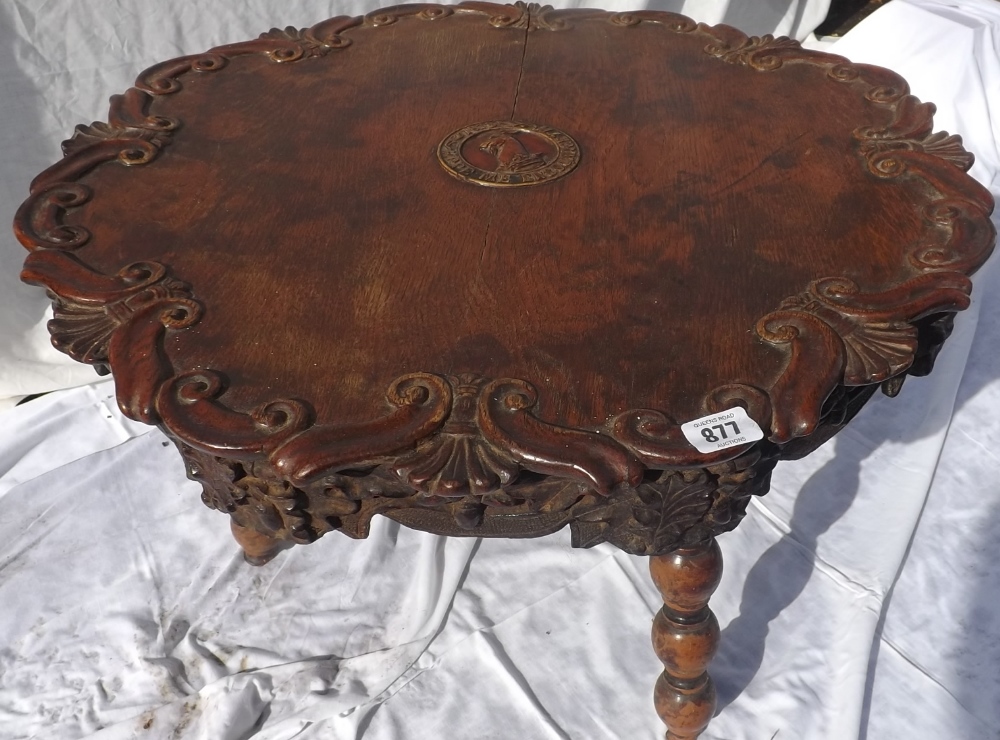 Oak table with pie crust edge and crested centre - 1878 - Motto "Hope Me Encourageth" - 24" wide