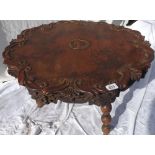 Oak table with pie crust edge and crested centre - 1878 - Motto "Hope Me Encourageth" - 24" wide
