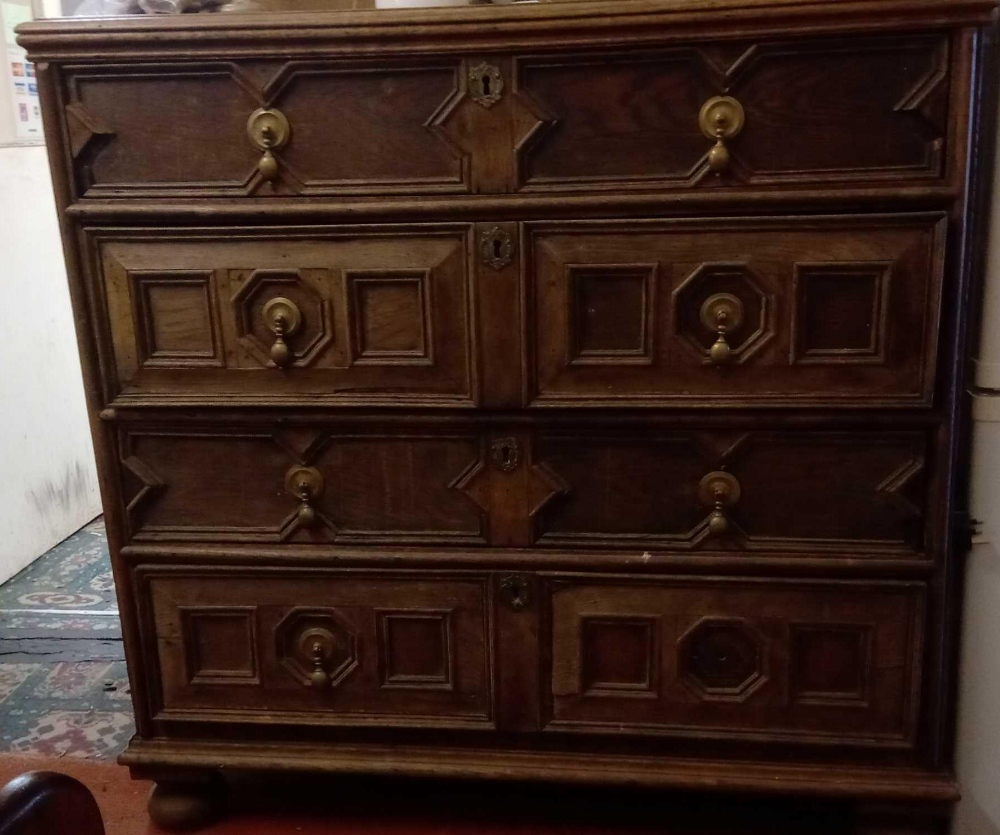 Late c17 oak four drawer chest with moulded lanel front - 46" wide