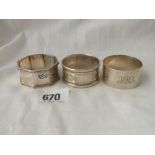 Group of three various napkin rings - 65gms