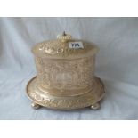 Oval embossed biscuit barrel with hinged cover - 8" wide - B'ham 1901 - 785gms