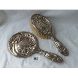 Art nouveau embossed hand mirror and brush - B'ham 1909