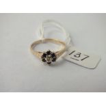 9ct sapphire and diamond cluster ring - full hallmarks - size O - 1.45gms
