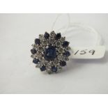 LARGE SAPPHIRE AND DIAMOND CLUSTER RING SET IN WHITE GOLD - SIZE R
