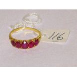 Antique gold five-stone ruby ring set with ten diamond points - size P - 3.2gms