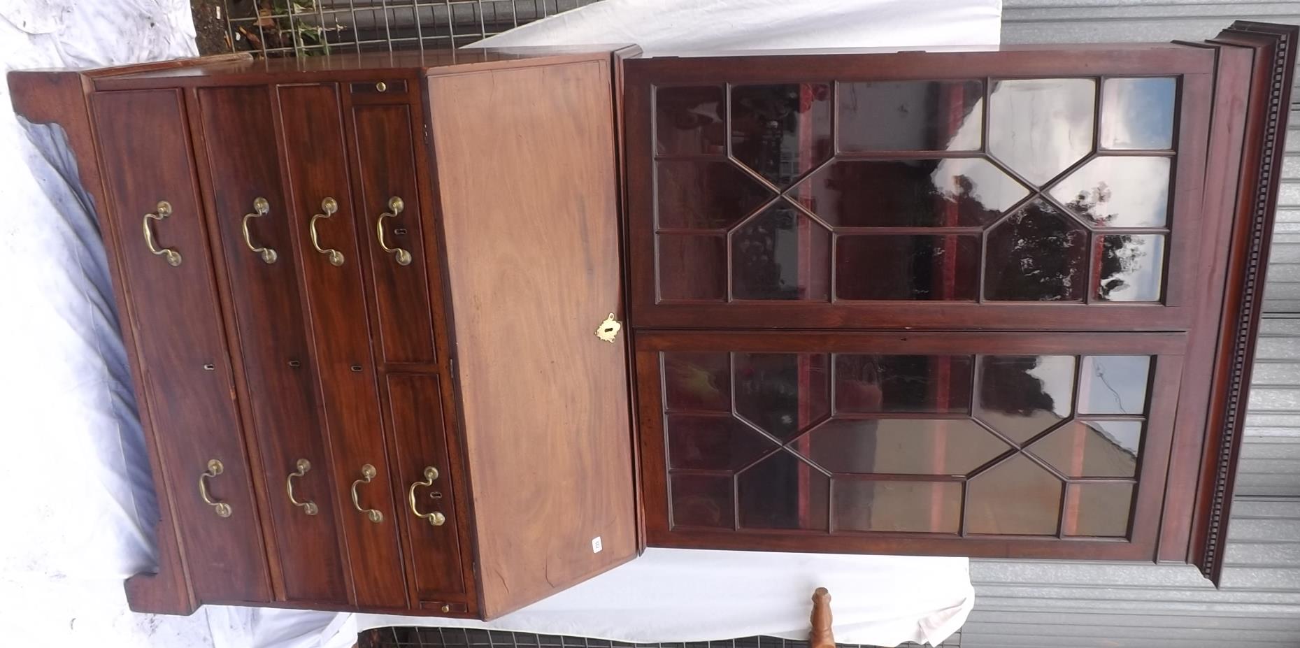 Fine George III mahogany bureau bookcase with two-door glazed top and well fitted interior.