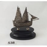 Filigree two-masted sailing boat with foreign marks - 3" high excl plinth