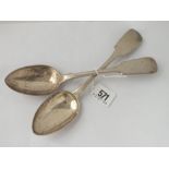 Heavy pair of plain Victorian Exeter silver tablespoons 1839 by J OSMONT - 172gms