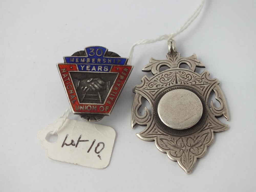 Silver and enamel Union of Railwaymen badge together with silver fob - B'ham 1897