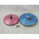 Two silver and enamel jar covers, one pink and one blue - 158gms all in