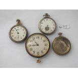 Large car clock, two metal pocket watches and one pocket watch case (mainly a/f)