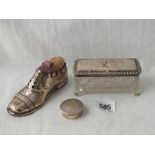 Mixed lot of an old boot, pin cushion 4.5” B'ham 1913, Dressing table jar and a pill box 1930