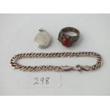 Oval silver locket, bracelet and cabouchon stone-set silver ring