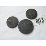 Cornish penny token 1811, Exeter halfpenny token 1792, and a Duchess of Lancaster token