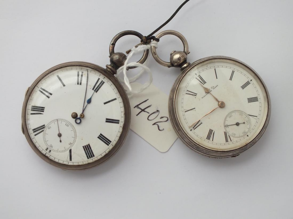 Two gents silver pocket watches, one by Waltham and one hands off