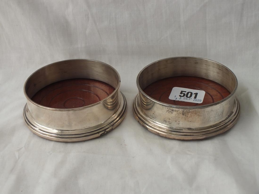 Pair of silver mounted coasters with wood bases,4”DIA - B'ham modern