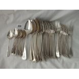 CANTEEN OF CRESTED TABLE SILVER, MOSTLY EXETER - 12 TABLESPOONS, 12 TABLE FORKS, 11 DESSERT FORKS,