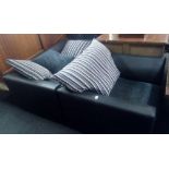 BLACK & GREY 2 SEATER SETTEE, ARMCHAIR & CUSHIONS