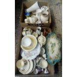 TWO CARTONS OF MIXED CHINAWARE INCL; A PLATE CLOCK, VASES, COMMEMORATIVE CUPS & SAUCERS, TEA POTS